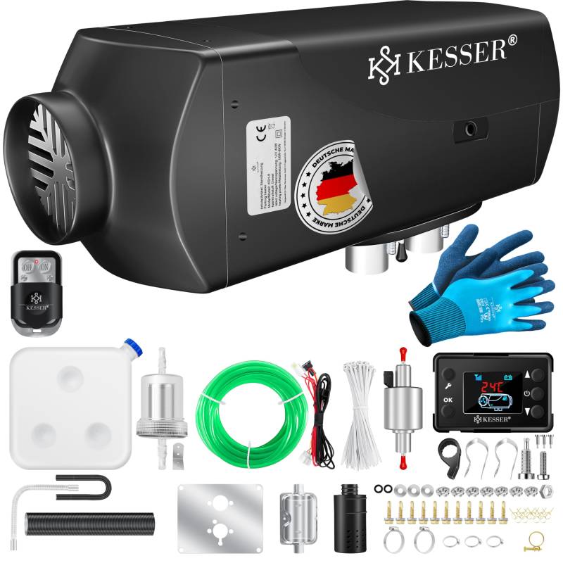 KESSER® Standheizung Diesel 5-8kW Dieselheizung 12V/24V mit Timer, LCD-Display & Fernbedienung | Schnelles Aufheizen | Lufterhitzer mit Schalldämpfer & Thermostat (Schwarz, 8KW) von KESSER