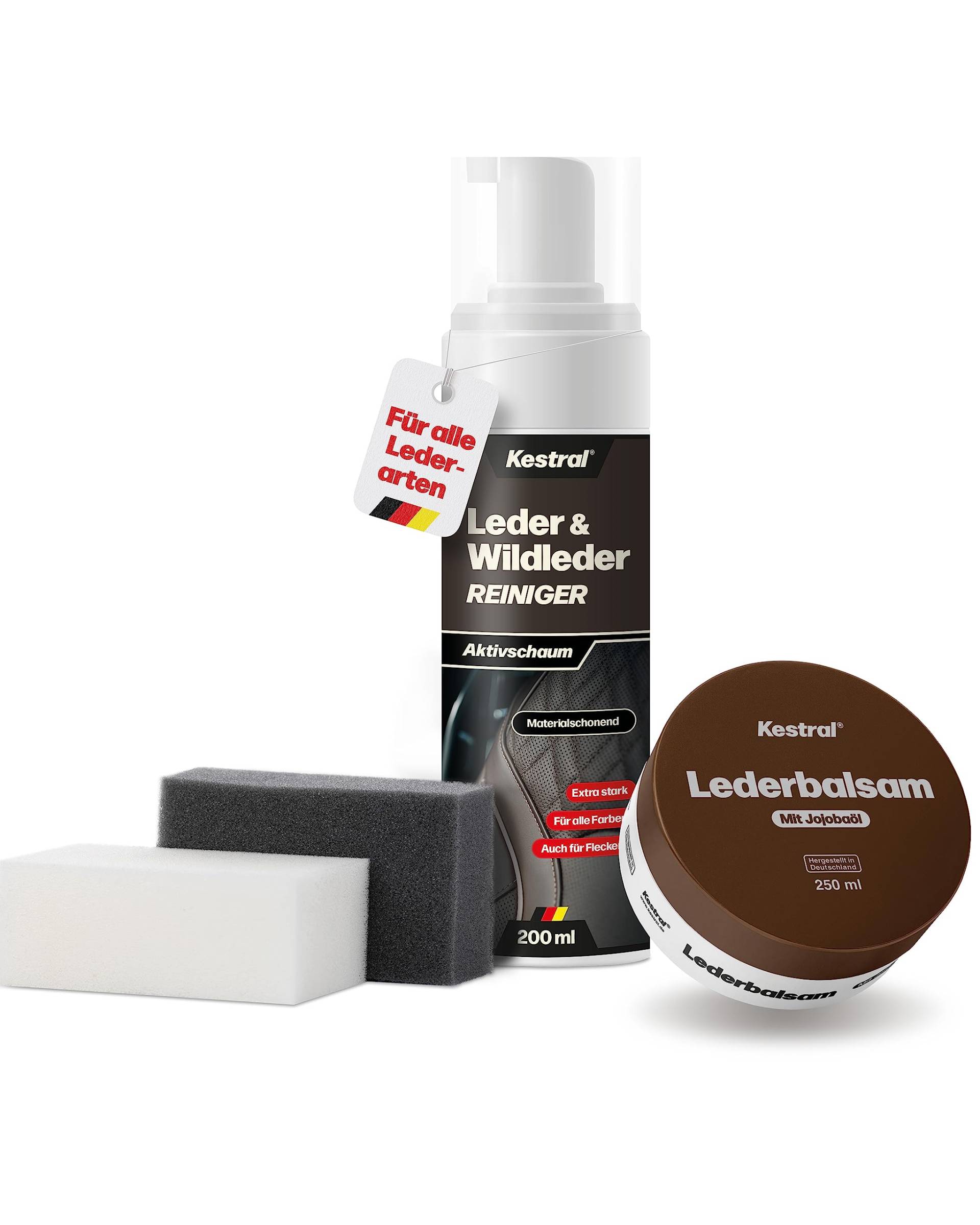 KESTRAL Lederpflege-Set: Reiniger & Balsam mit Jojobaöl - Porentiefe Reinigung & Intensive Pflege für Leder & Kunstleder – Ideal für Auto, Motorrad, Ledercouch, Jacke, Schuhe & mehr - Made in Germany KESTRAL Lederpflege-Set: Reiniger & Balsam mit Jojobaöl - Porentiefe Reinigung & Intensive Pflege für Leder & Kunstleder – Ideal für Auto, Motorrad, Ledercouch, Jacke, Schuhe & mehr - Made in Germany von KESTRAL