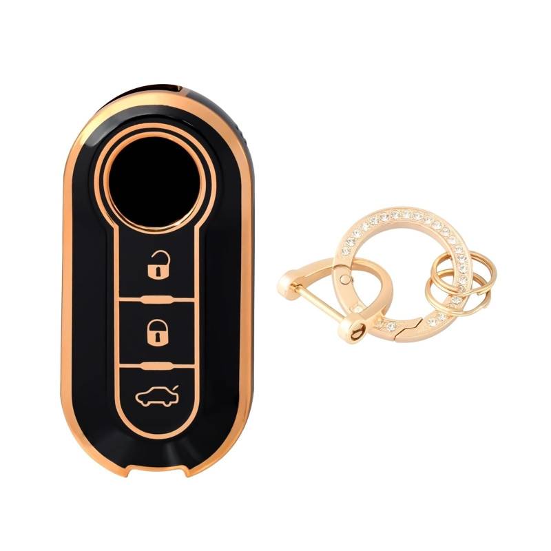 Autoschlüssel Ersatz Schlüssel Für FIAT 500 Ducato Panda Punto 3 Tasten Gold TPU Auto Flip Klappschlüssel Fall Abdeckung Remote Key Shell Halter Protecor Keychain(Black Gold set1) von KGFRDO