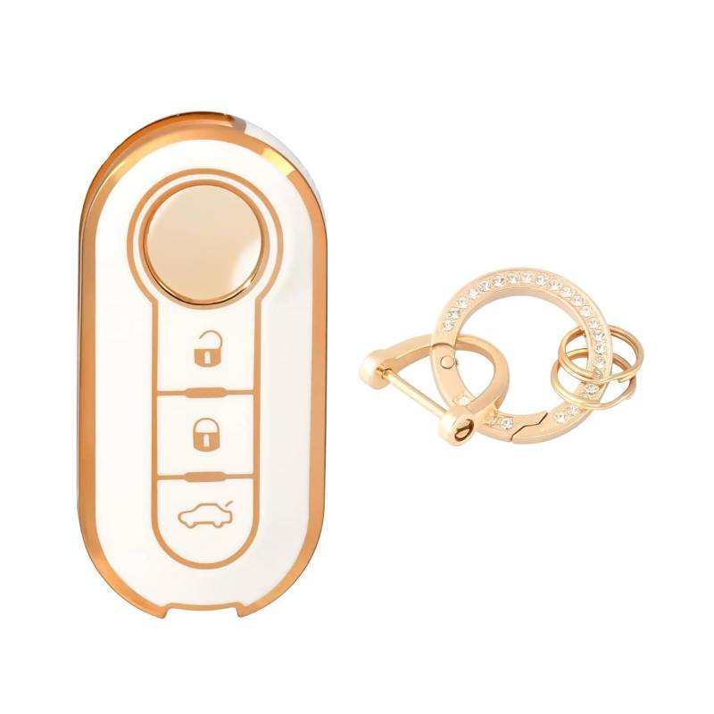 Autoschlüssel Ersatz Schlüssel Für FIAT 500 Ducato Panda Punto 3 Tasten Gold TPU Auto Flip Klappschlüssel Fall Abdeckung Remote Key Shell Halter Protecor Keychain(White Gold set1) von KGFRDO