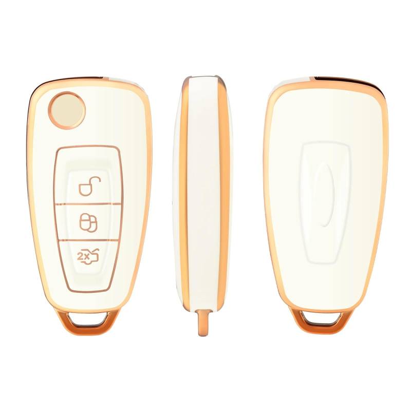 Autoschlüssel Ersatz Schlüssel Für Ford Ranger C-Max S-Max Focus Galaxy Mondeo Transit Tourneo Autoschlüsselhalter Soft Key Case Cover Ustom Schlüsselanhänger(White Gold) von KGFRDO