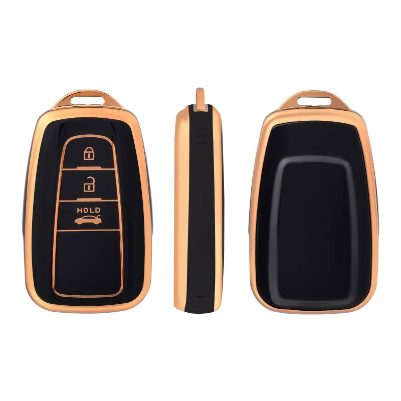Autoschlüssel Ersatz Schlüssel Für Toyota Prius Camry Corolla CHR C-HR RAV4 Land Cruiser Prado 2 3 Taste TPU Auto Schlüssel Fall Volle Abdeckung Shell Schlüsselanhänger Zubehör(3button Balck Gold) von KGFRDO