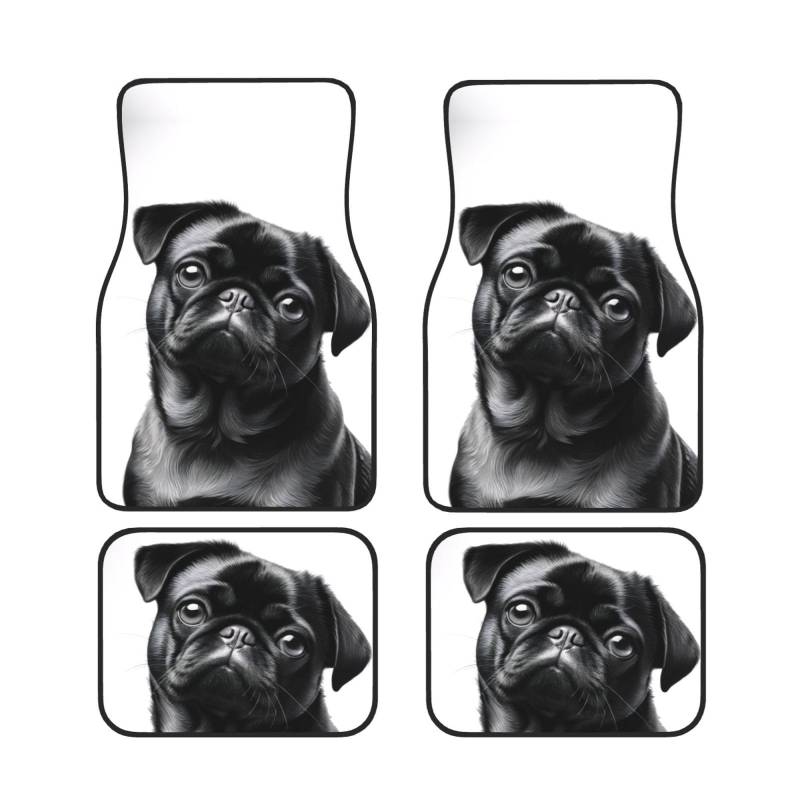 Niedlicher schwarzer Mops-Hund Auto Fußmatten Set von 4 Stück Universal Automotive vorne hinten Fußmatten - Wasserdicht Anti-Rutsch-Neopren Leicht zu reinigen für PKW LKW SUV von KHDKLXOHZ