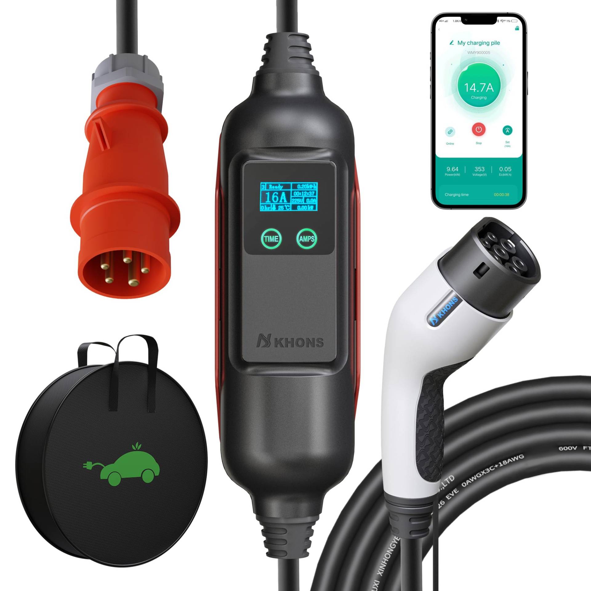 KHONS Typ 2 Ladekabel mit CEE-Stecker 11 kW 6–16 A 3 Phasen 6 m IP65 wasserdichtes tragbares EV-Ladegerät und einstellbare Mobile Wallbox-Ladestation für IEC 62196-2 mit Smart-App KHONS Typ 2 Ladekabel mit CEE-Stecker 11 kW 6–16 A 3 Phasen 6 m IP65 wasserdichtes tragbares EV-Ladegerät und einstellbare Mobile Wallbox-Ladestation für IEC 62196-2 mit Smart-App von KHONS