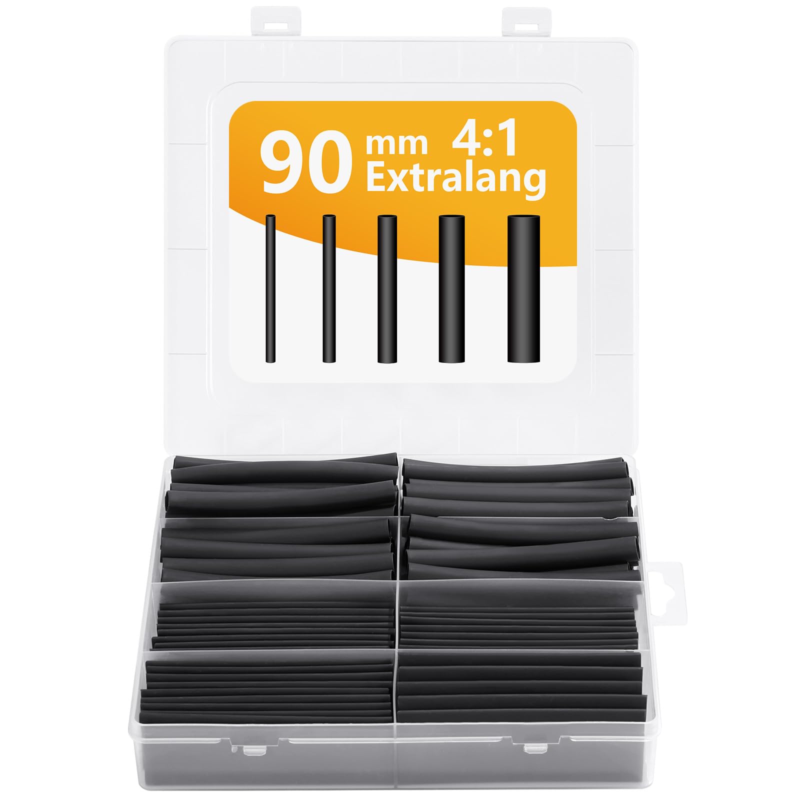 KIKIGOAL Schrumpfschlauch-Set 90mm (100 Stück) - 4:1 Extra Langer Schrumpfschlauch mit Klebstoff | 5 Größen Doppelwandig | Schwarz | Für Elektrokabel, Kabelbündel & Reparaturen von KIKIGOAL