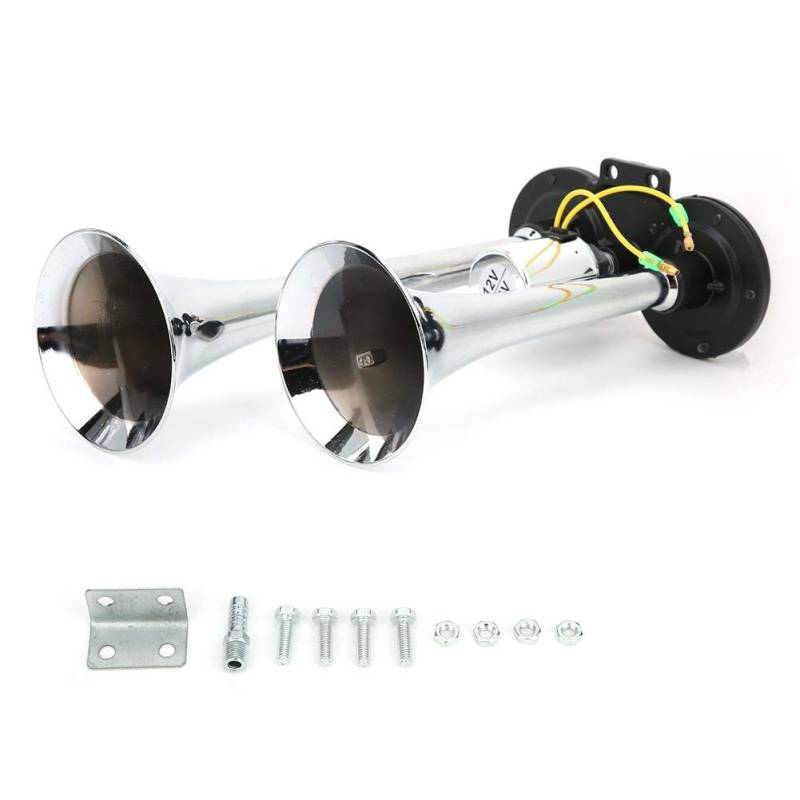 Doppel-Trompeten-Lufthorn, Doppeltrompeten-Lufthupe, Universal-Pneumatik-Lufthupe Doppeltrompete 130dB 12V/24V Zug Auto LKW LKW ABS Metall von KIMISS