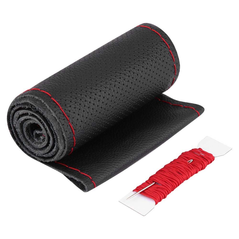 KIMISS 1 Pcs 37-38cm Auto Auto Bohren Rindsleder Universal Lenkradabdeckung rutschfeste(Schwarz rot) von KIMISS