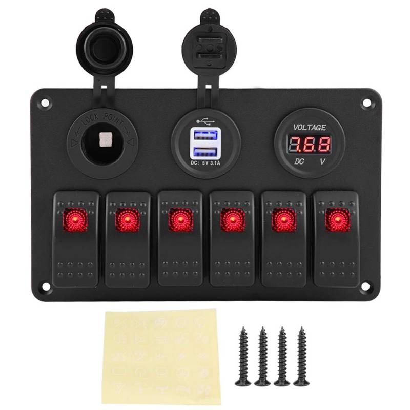 KIMISS 12V 24V 6 Gang Marine Schalttafel Auto Boot Marine LED Wippschalter Panel Dual USB Voltmeter +Zigarettenanzünder Rot von KIMISS