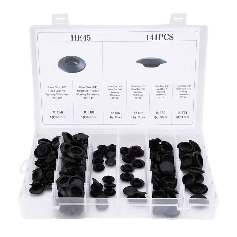 KIMISS 141pcs Schwarzer Gummi Unterputz Lochstopfen, 6 Größen Sortiert Kunststoff Auto Karosserieblech Loch Verschlussstopfen von KIMISS