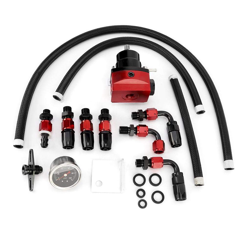 KIMISS universeller einstellbarer Kraftstoffdruckregler für Autos, Kraftstoff Manometer Kit aus Edelstahl 304 mit Manometer 100PSI(Schwarz rot) von KIMISS