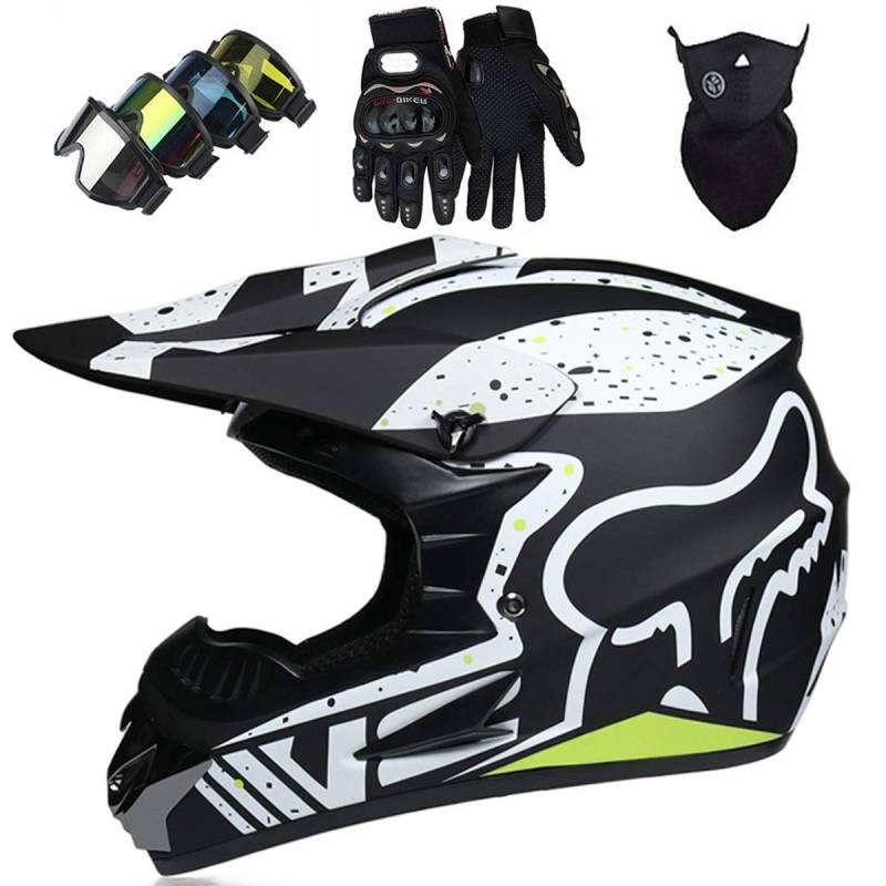 Kinder Motocross Helm, Jungen Motorradhelm Herren Fullface Motorrad Cross Helm Fahrradhelm Mountainbike für Downhill BMX MTB Quad Bike Roller Moped - mit Fox Design - Mattschwarz,S von KIVEM