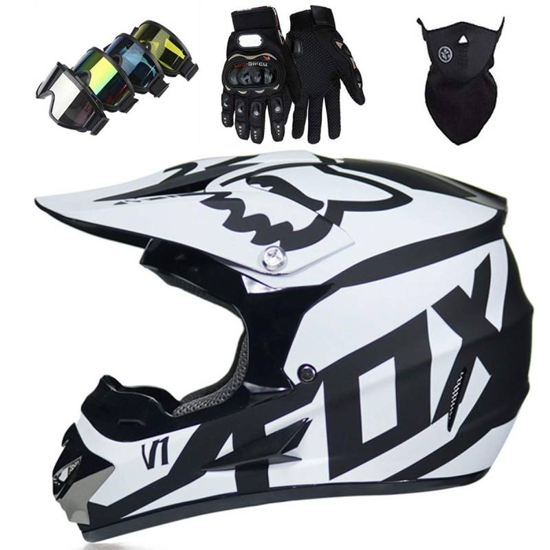 Motorradhelm - Motocross Helm Set - Dirt Bike Fullface Offroad Motorrad Helm mit Schutzbrille Geeignet für Kinder von 5 Bis 14 Jahren mit Fox Design - Schwarz-Weiss - S/M/L/XL,L von KIVEM