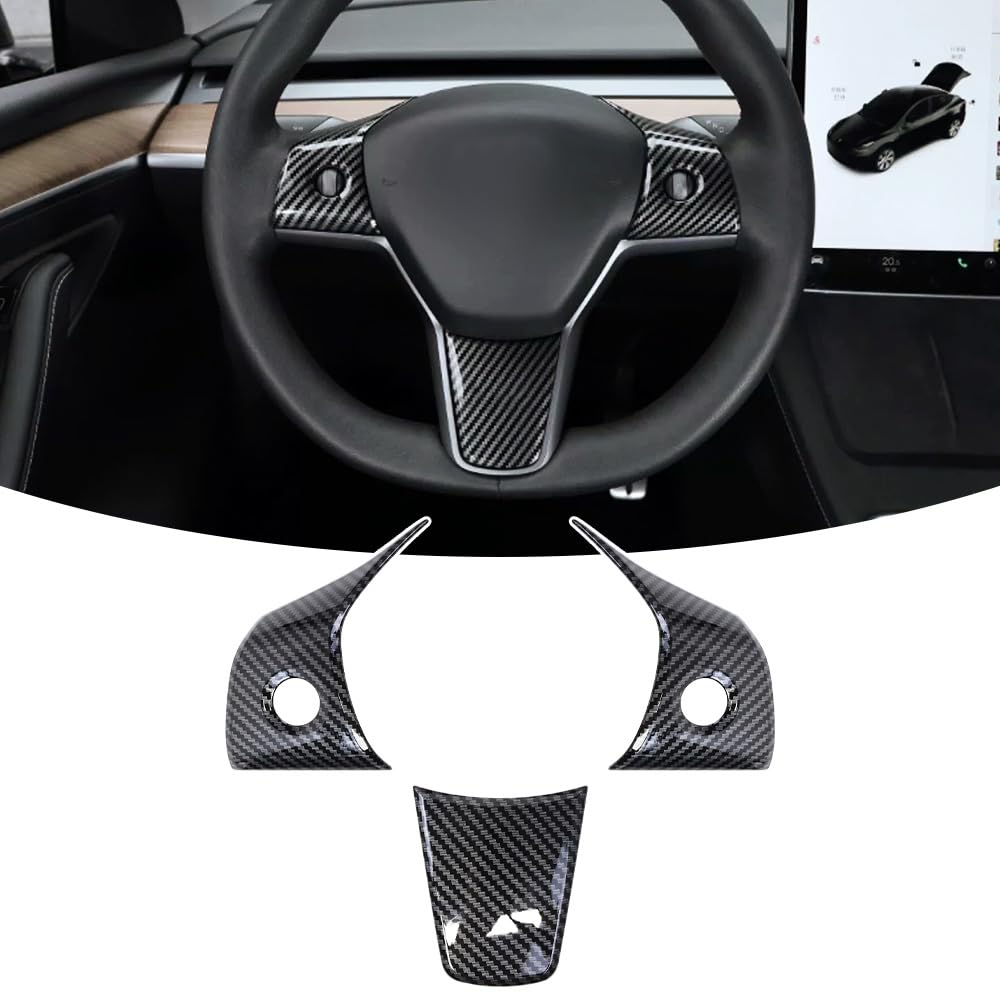 KKTR-CAR Kohlefaser-Lenkradabdeckung für Tesla Model3 ModelY 2018-2023 Innenraum modifiziertes Auto-Lenkrad-Zubehör (Glänzendes Kohlefaser-Muster) von KKTR-CAR