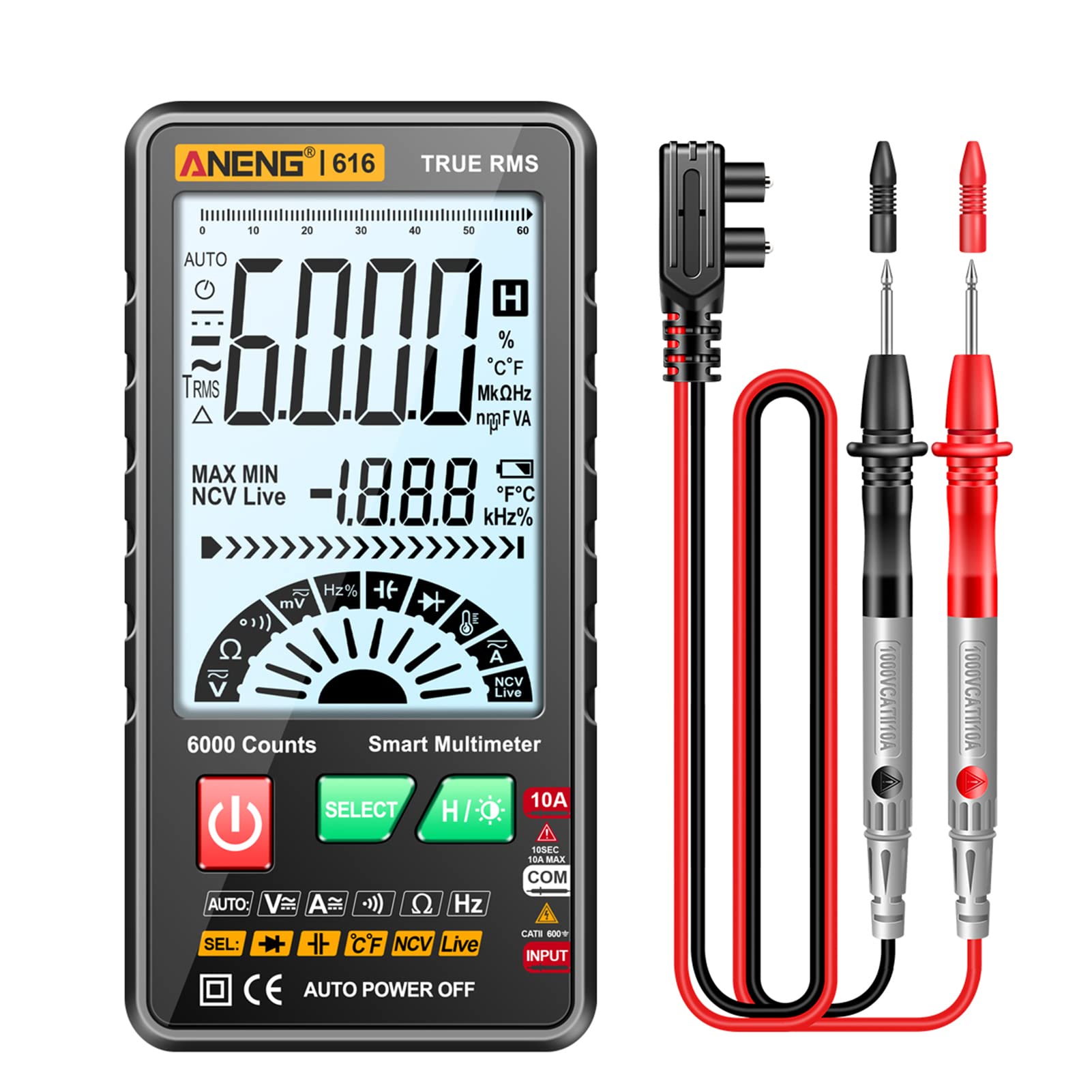 KKnoon ANENG 616 Smart Digital Multimeter Auto Range 6.000 Counts NCV Universal Meter True RMS Handheld Multifunktionaler Tester Voltmeter Amperemeter mit Hintergrundbeleuchtung Taschenlampe KKnoon ANENG 616 Smart Digital Multimeter Auto Range 6.000 Counts NCV Universal Meter True RMS Handheld Multifunktionaler Tester Voltmeter Amperemeter mit Hintergrundbeleuchtung Taschenlampe von KKnoon