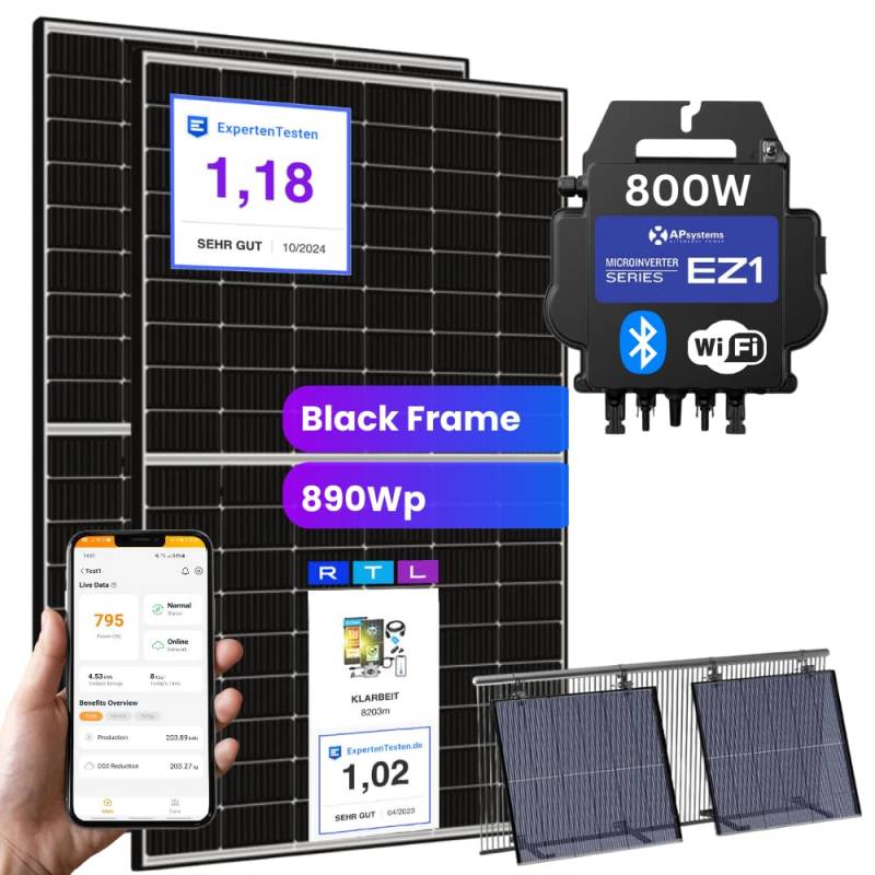 Balkonkraftwerk Komplettset mit Halterung - KLARBEIT | 2x Full Black 440w Solarpanel | 800W Wechselrichter | Balkon Mini Solaranlage 800W | Photovoltaik Komplettset von KLARBEIT
