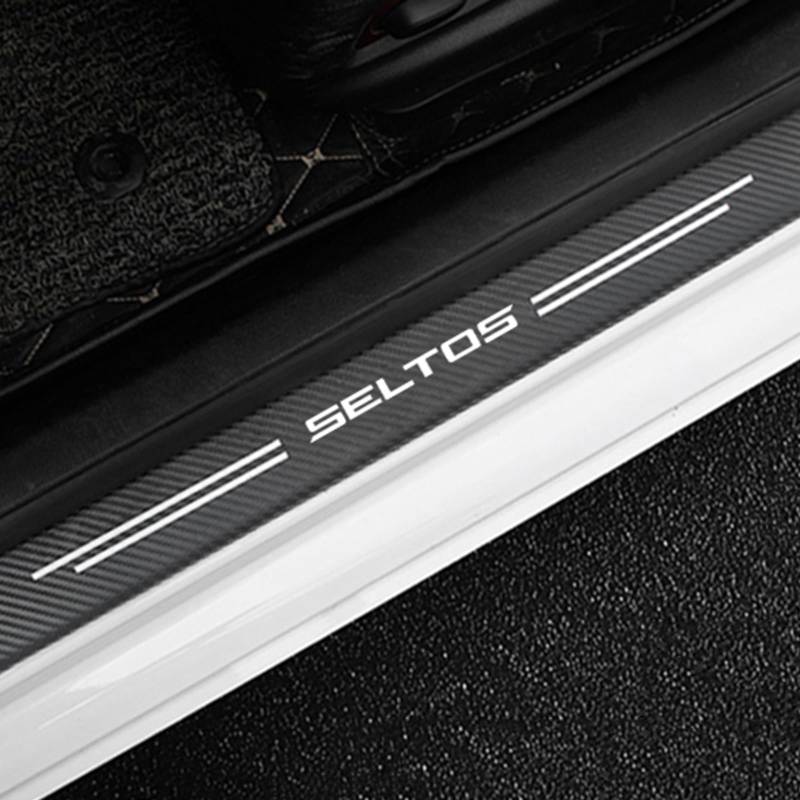 4 Stück Auto Einstiegsleisten Schutz, für KI-A SELTOS Auto Kohlefaser Türschweller Schutz mit Logo Aufkleber Kantenschutz,White von KLHYWEN