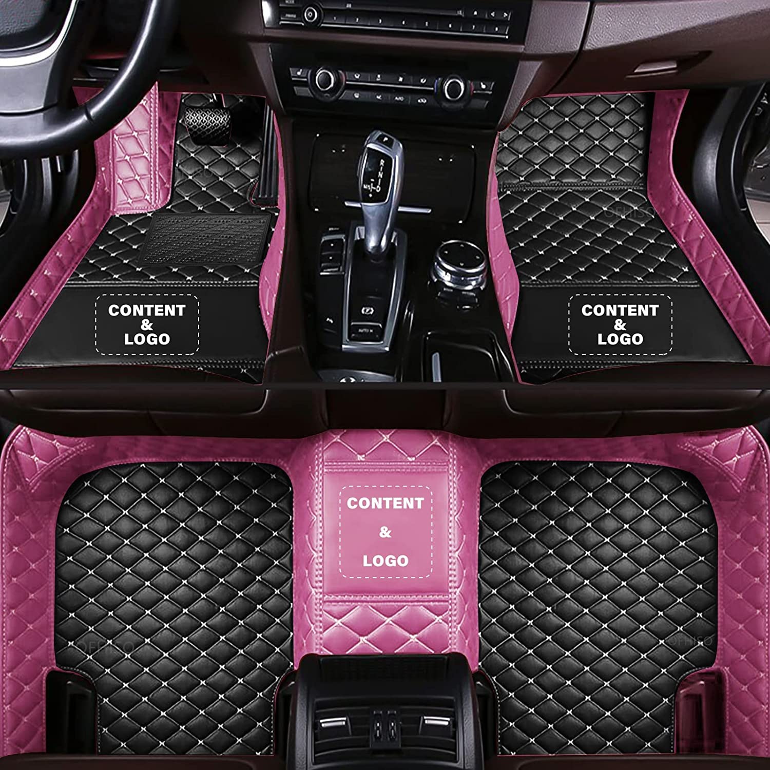 Fußmatten Auto Bodenmatte Anpassen 95% Automodelle Allwetter Fussmatten Set Zubehör Fußmatte PU Leder (Z.B Für Audi, Für BMW, Für Benz, Für Peugeot) (Rosa + Schwarz) von KLKKL