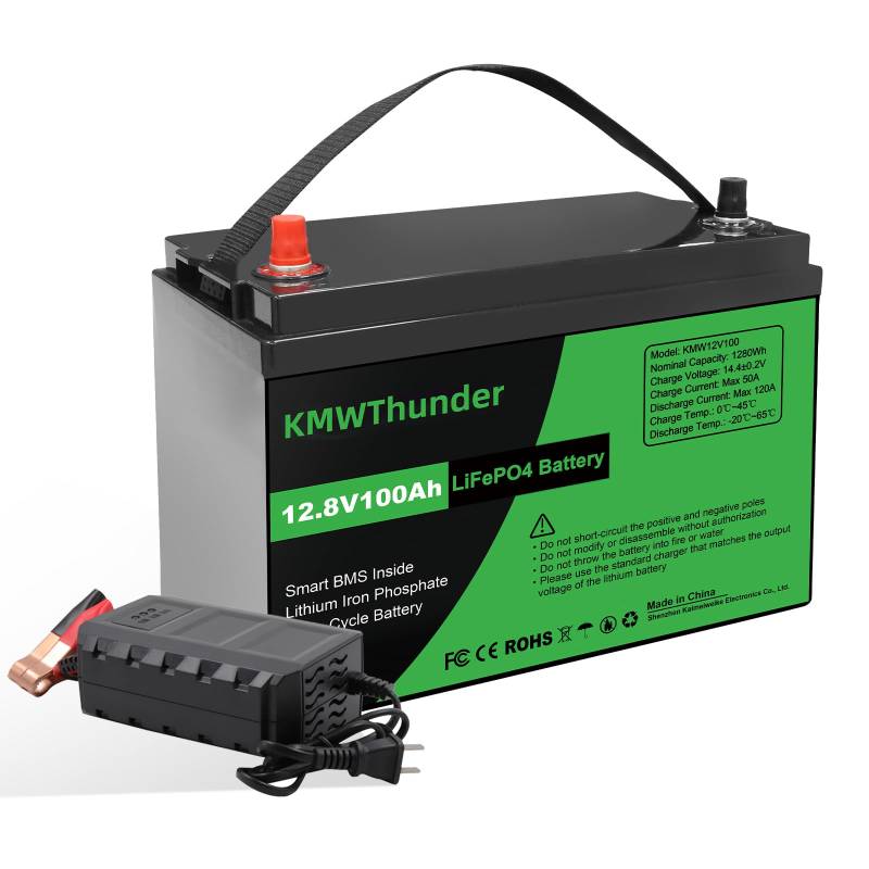 KMWThunder 12V 100Ah LiFePO4 Batterie, Lithium Akku 1280Wh, Deep Cycle, mit BMS Schutz & Ladegerät, zu 15000 Zyklen, Ideal für Motorhome, Solar & Boot, LiFePO4 Lithium Batterie von KMWThunder