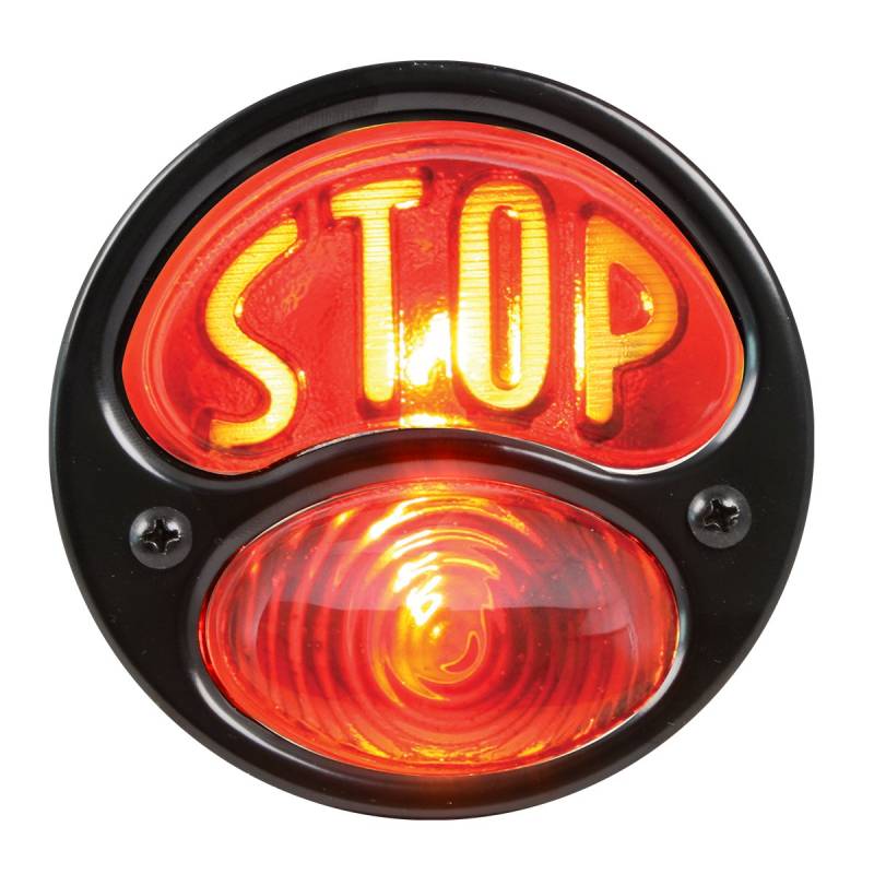 KNS Accessories KA0021 Duolamp Rücklicht, 12 V, für Ford Modell A, mit bernsteinfarbener Aufschrift Stop auf rotem Glaslinse und Lizenzlicht, Schwarz von KNS Accessories