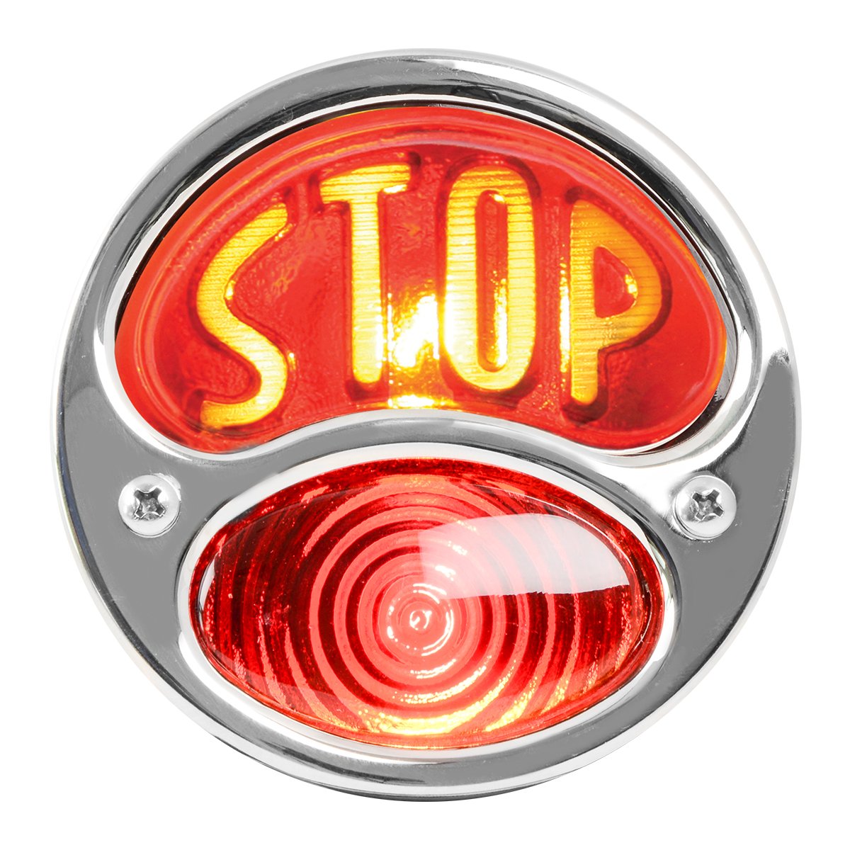 KNS Accessories KA0037 12V Edelstahl Duolamp Rücklicht für Ford Modell A mit bernsteinfarbener Stop Schrift auf roter Glaslinse von KNS Accessories