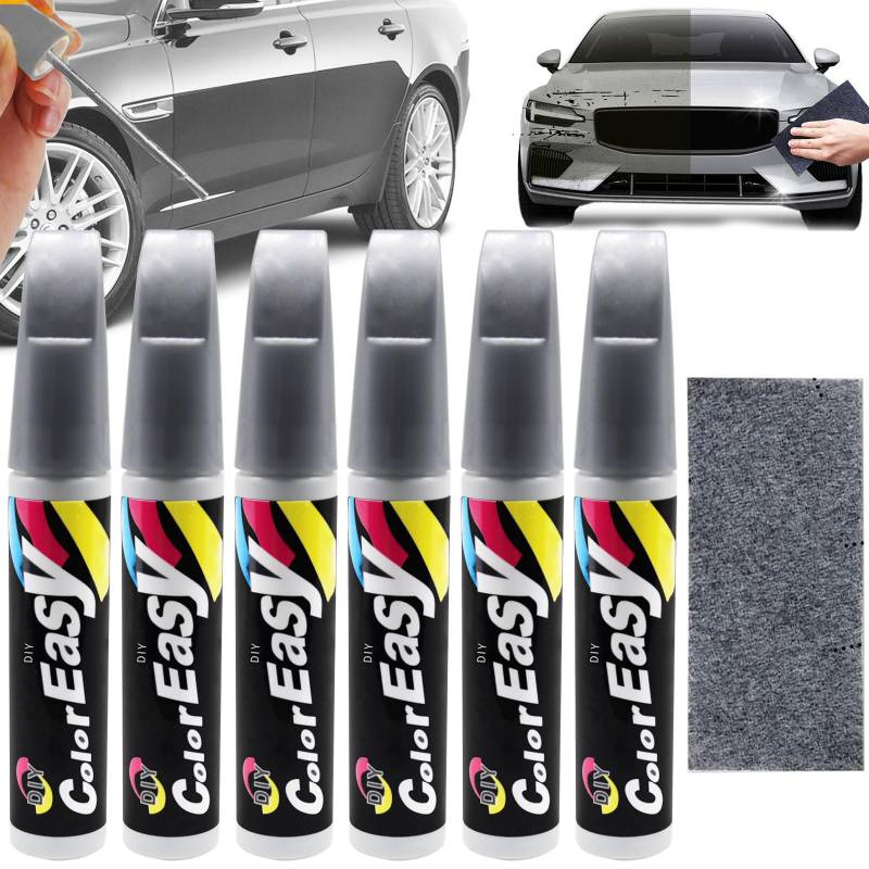 KOIROI 6 Stück Lackstift Auto Silber, Auto Lackstift, Lackstift Auto Lack Reparatur, Auto Kratzer Reparatur Stift, Kratzerentferner Autolack Stift, Autolack Reparaturstift für Auto von KOIROI