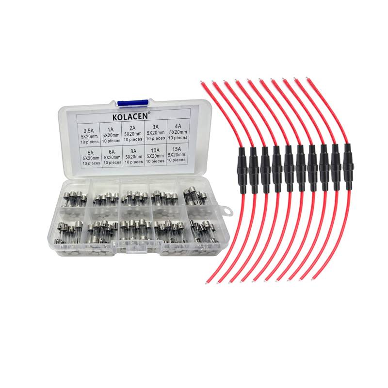 KOLACEN Kfz-Auto-Inline-Schraube Typ 5x20mm AGC Sicherungshalter 16 Awg Draht 10 Stück + Quick Fast-Blast Glasrohrsicherung 5 x 20 mm Assortierte Kit (Packung mit 100) von KOLACEN