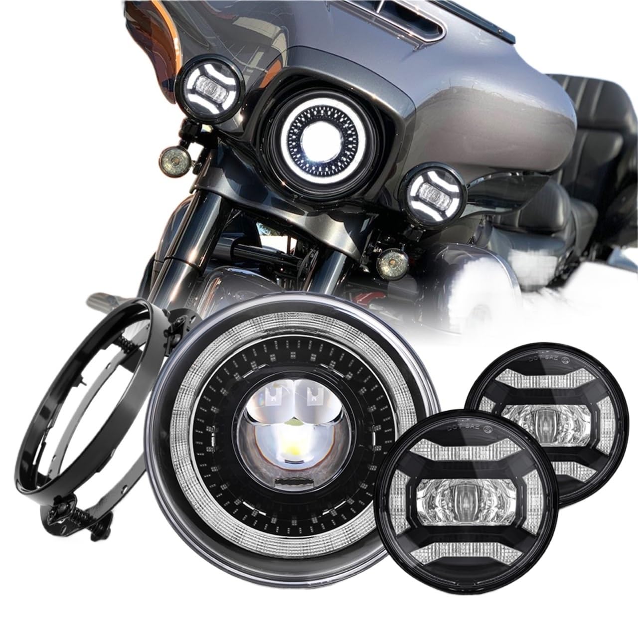 Motorrad 7 Zoll LED-Scheinwerfer Kompatibel mit Harley Davidson Electra Glide Softail Fat Boy Touring mit 4,5 Zoll Nebelscheinwerfer-Montagering(Yellow) von KRALPOTIX