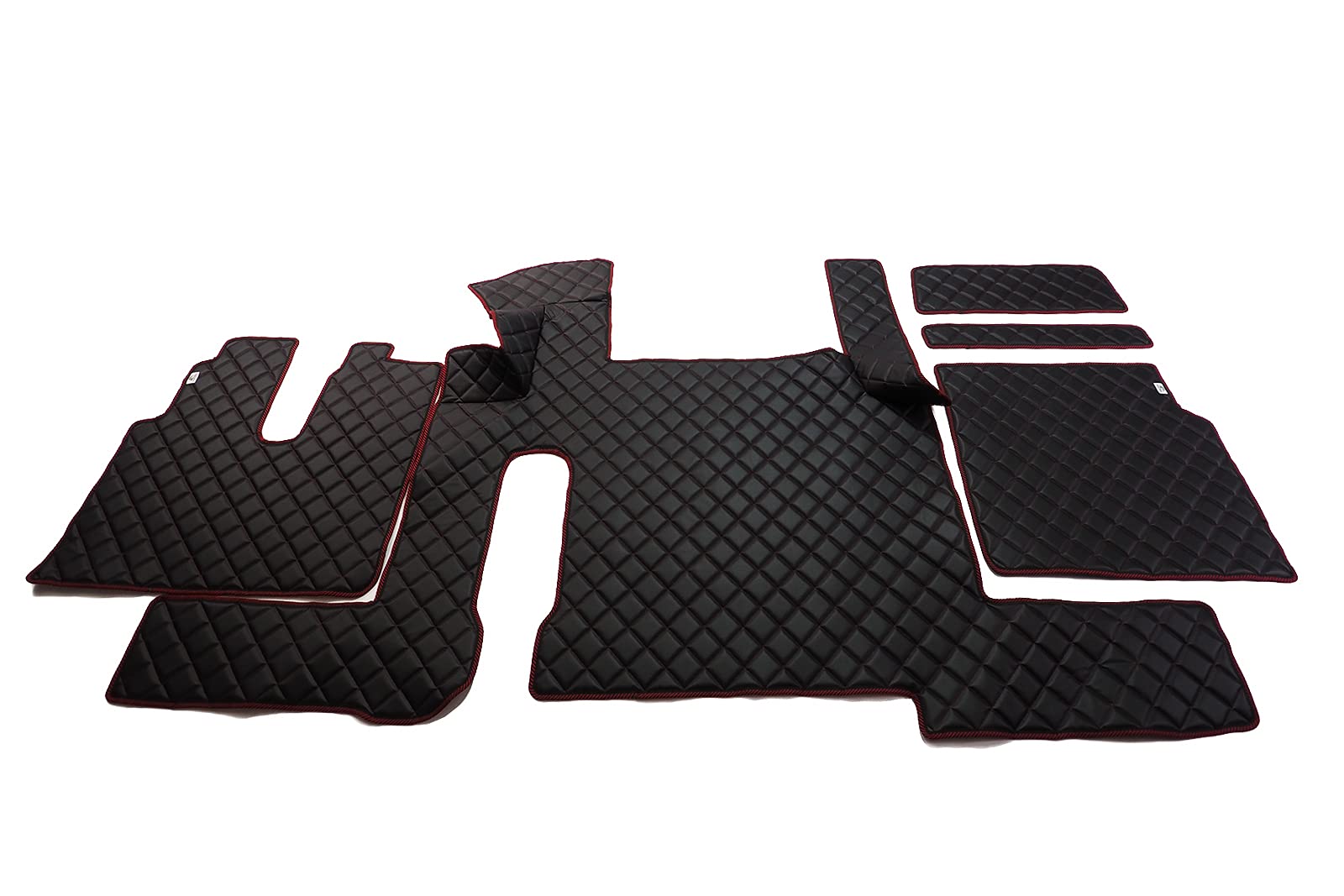 KRAM-TRUCK Gesteppte Autofußmatten Kompatibel mit z MAN TGX 2018-2020 mit 2 Schubladen und Automatik, Schwarz mit rotem Faden, Lederimitat auf Schaumstoff 10 mm, Hygienezertifikat, Cockpitset von KRAM-TRUCK