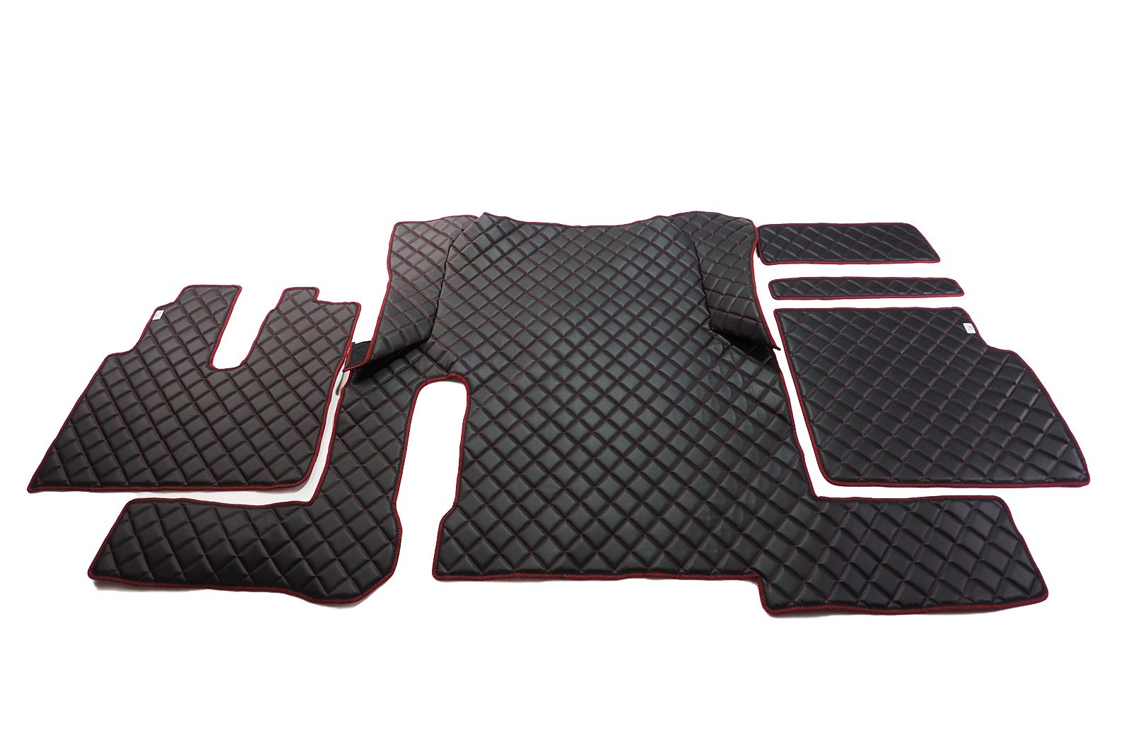 KRAM-TRUCK Gesteppte Autofußmatten Kompatibel mit Man TGX 2018-2020 mit 1 Schublade und Automatik, Schwarz mit rotem Faden, Lederimitat auf Schaumstoff 10 mm, Hygienezertifikat, Cockpitset von KRAM-TRUCK