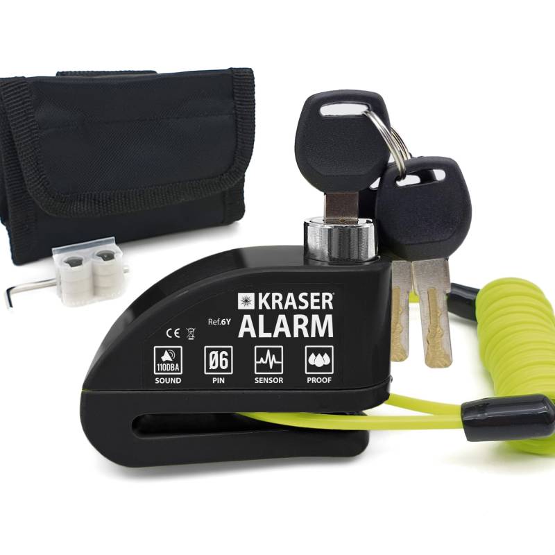 KRASER 6Y Bremsscheibenschloss mit Alarm 110 dB, Verstärkt, 3 Schlüssel (2 Ersatz) Hochsicherheits Motorradschloss, Wasserdicht,1.5m Rückrufkabel, Tasche, Universal Motorrad Schloss, Fahrradschloss von KRASER