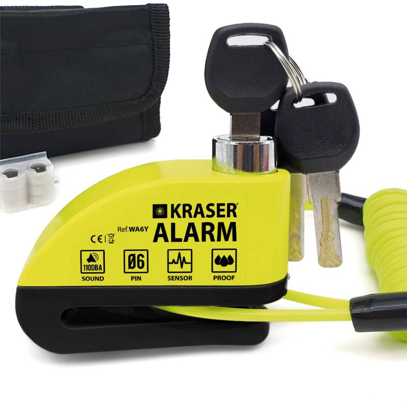 KRASER WA6Y Bremsscheibenschloss mit Alarm 110 dB, Verstärkt, 3 Schlüssel (2 Ersatz) Hochsicherheits Motorradschloss, Wasserdicht,1.5m Rückrufkabel, Tasche, Universal Motorrad Schloss, Fahrradschloss von KRASER