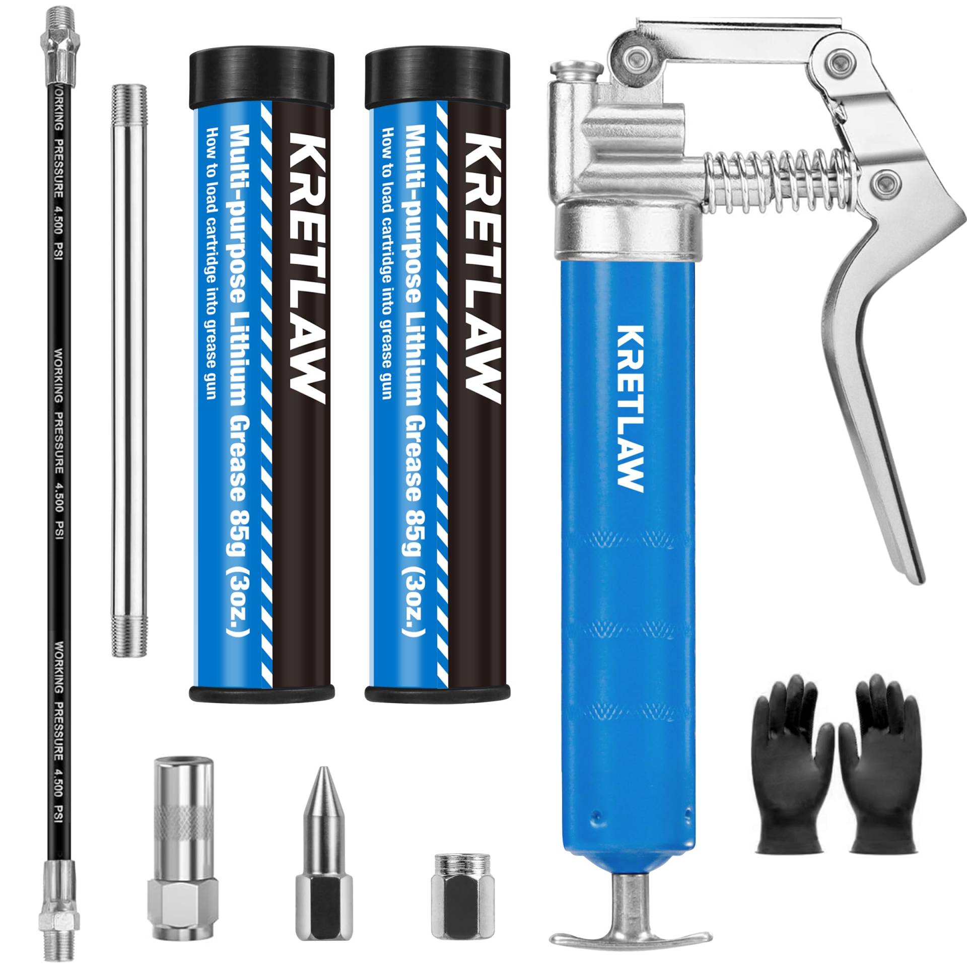 KRETLAW Mini Schmierpressen Kit，kleine Fettpresse (3000 PSI) mit doppelter 85G Kartuschenfett und 305mm Flexschlauch, verstärkte Kupplung für Automotive und Marine von KRETLAW