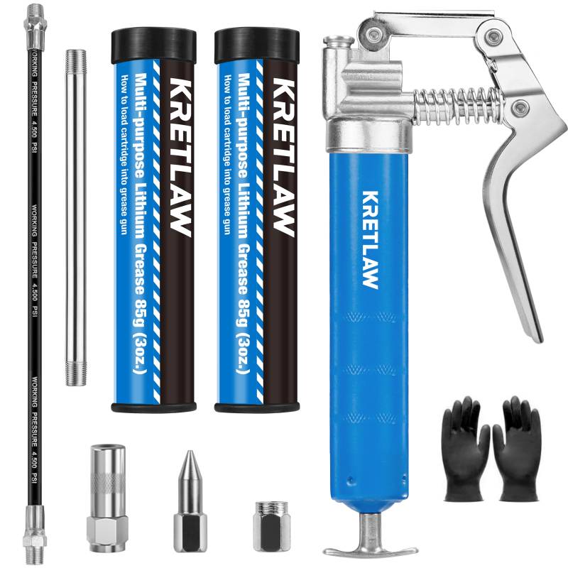 KRETLAW Mini Schmierpressen Kit，kleine Fettpresse (3000 PSI) mit doppelter 85G Kartuschenfett und 305mm Flexschlauch, verstärkte Kupplung für Automotive und Marine von KRETLAW