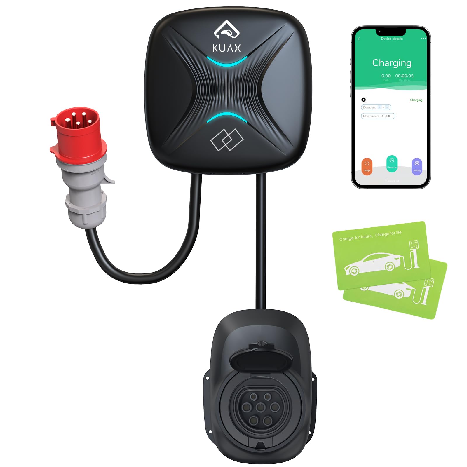 KUAX 11kW Wallbox/Elektroauto Ladestation mit Smart App, 3-Phasen 6A-16A CEE Stromadapter, Typ 2 Steckdose, IP65, WLAN- und Bluetooth, RFID-Karte, Geeignet für Model Y/3/S/X von KUAX