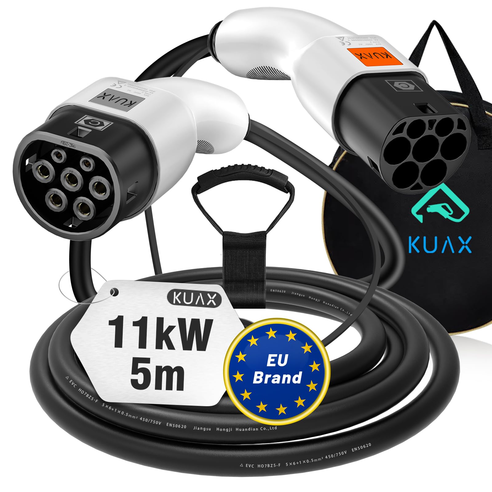 KUAX Typ 2 Ladekabel 11KW 3 Phasen Ladekabel mit 16A, 5M, 11KW, IP54, IEC-62196-2 geeignet für Model S/3/X/Y | e-Golf/e-UP/ID.3 | i3/i8 (Weiß) von KUAX