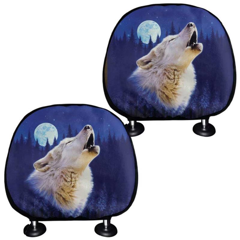KUIFORTI Tier-Wolf-Design Kopfstützenbezüge für Autos, Set mit 2 Stück, universelle Kopfstützen-Schutzbezüge, langlebig, für Vordersitze und Rücksitze. von KUIFORTI