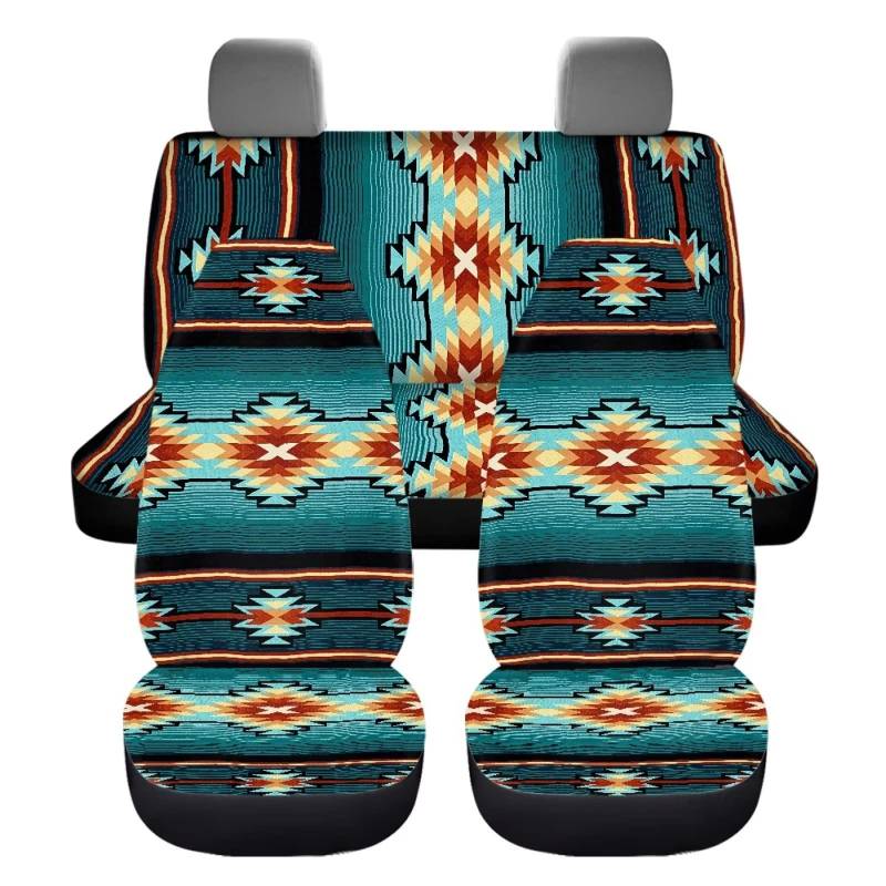 KUIFORTI Tribal Azteken-Autositzbezug-Set, Hippie-Stil, gestreift, Autositzschoner mit geteilter Bank-Rücksitzbezüge, universal, dehnbar, komplettes Set, 4-teiliges Universal-Autozubehör von KUIFORTI