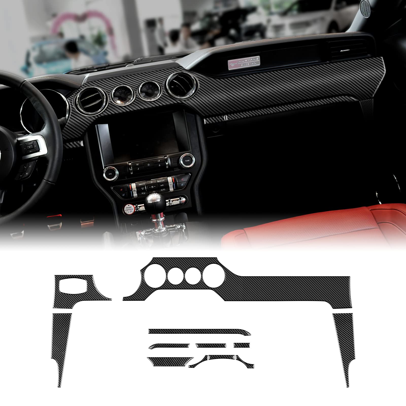 KUNGKIC 12 Stück Kohlefaser Auto Central Control Strip Abdeckung Dashboard Trim Aufkleber Dekorativ Compatible with Ford Mustang GT 2015-2022 Innenraum Zubehör(Typ B) von KUNGKIC