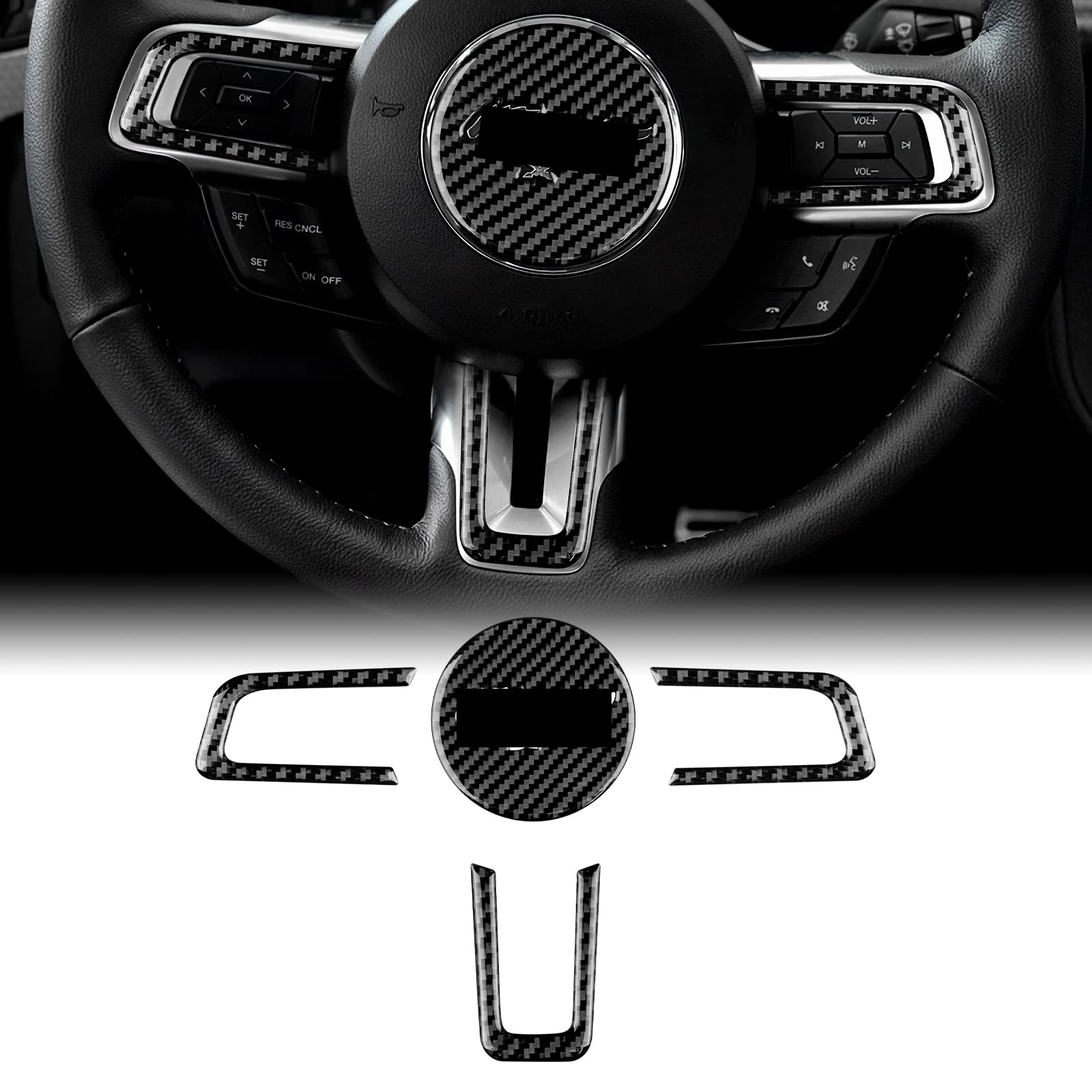 KUNGKIC 3 Stück Kohlefaser Auto-Lenkrad Abdeckung Aufkleber Dekorativ Compatible with Ford Mustang GT 2015-2022 Lenkradtastenrahmen Innenraum Zubehör von KUNGKIC