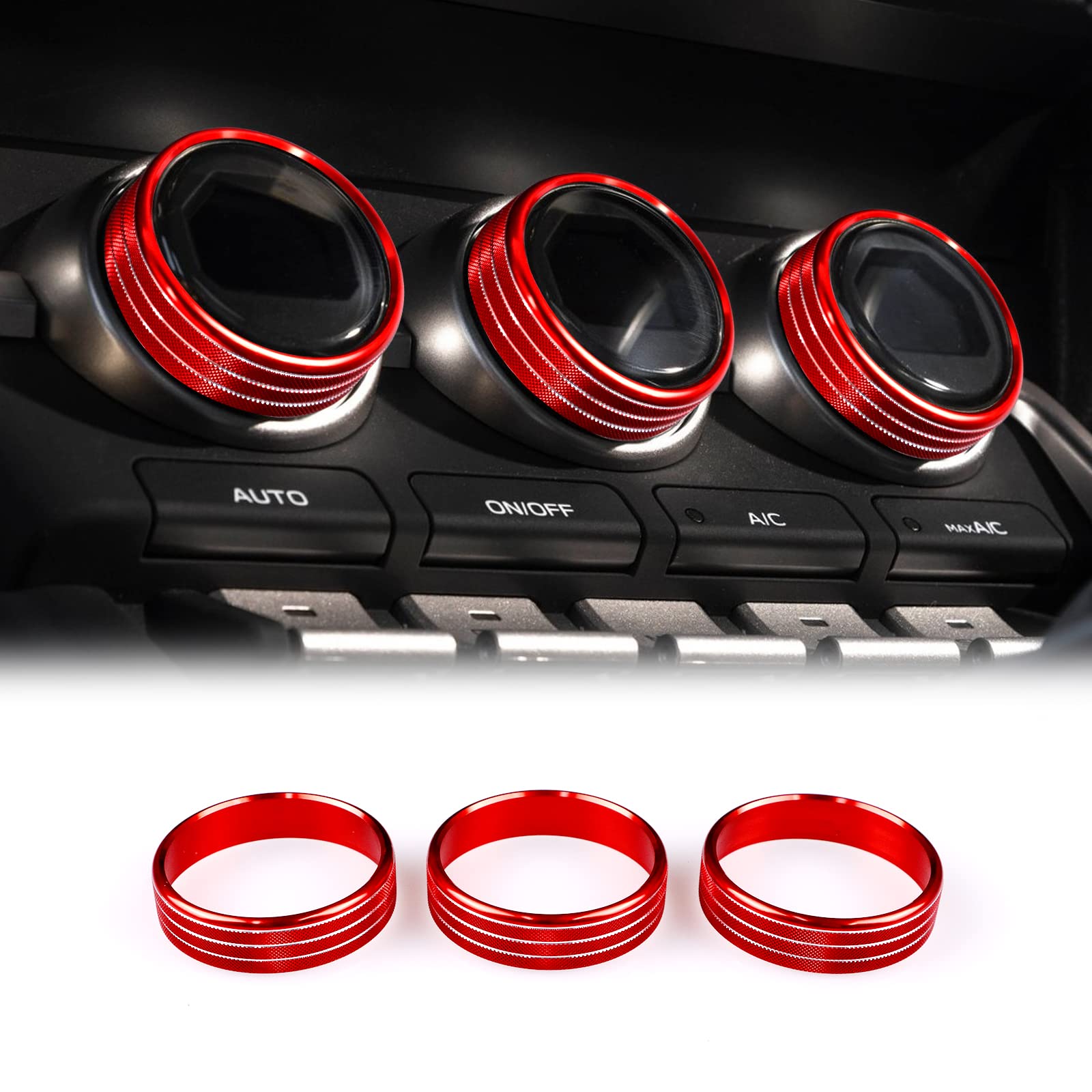 KUNGKIC 3PCS Auto Knopfabdeckung für die Klimaanlage Innenbereich Dekorative Compatible with Subaru BRZ Toyota GR86 2021 2022 Aluminium-Legierung Knopf Ring Abdeckungen Zubehör Sport Style (Rot) von KUNGKIC