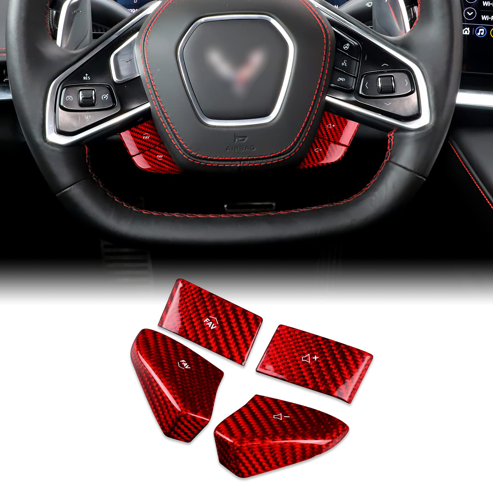 KUNGKIC 4St Hartkohlefaser Auto-Abdeckung der Lenkradtasten Dekorativ Aufkleber Innenbereich Compatible with Chevrolet Corvette C8 2020 2021 2022 Zubehör Rot(Weiß Worte) von KUNGKIC