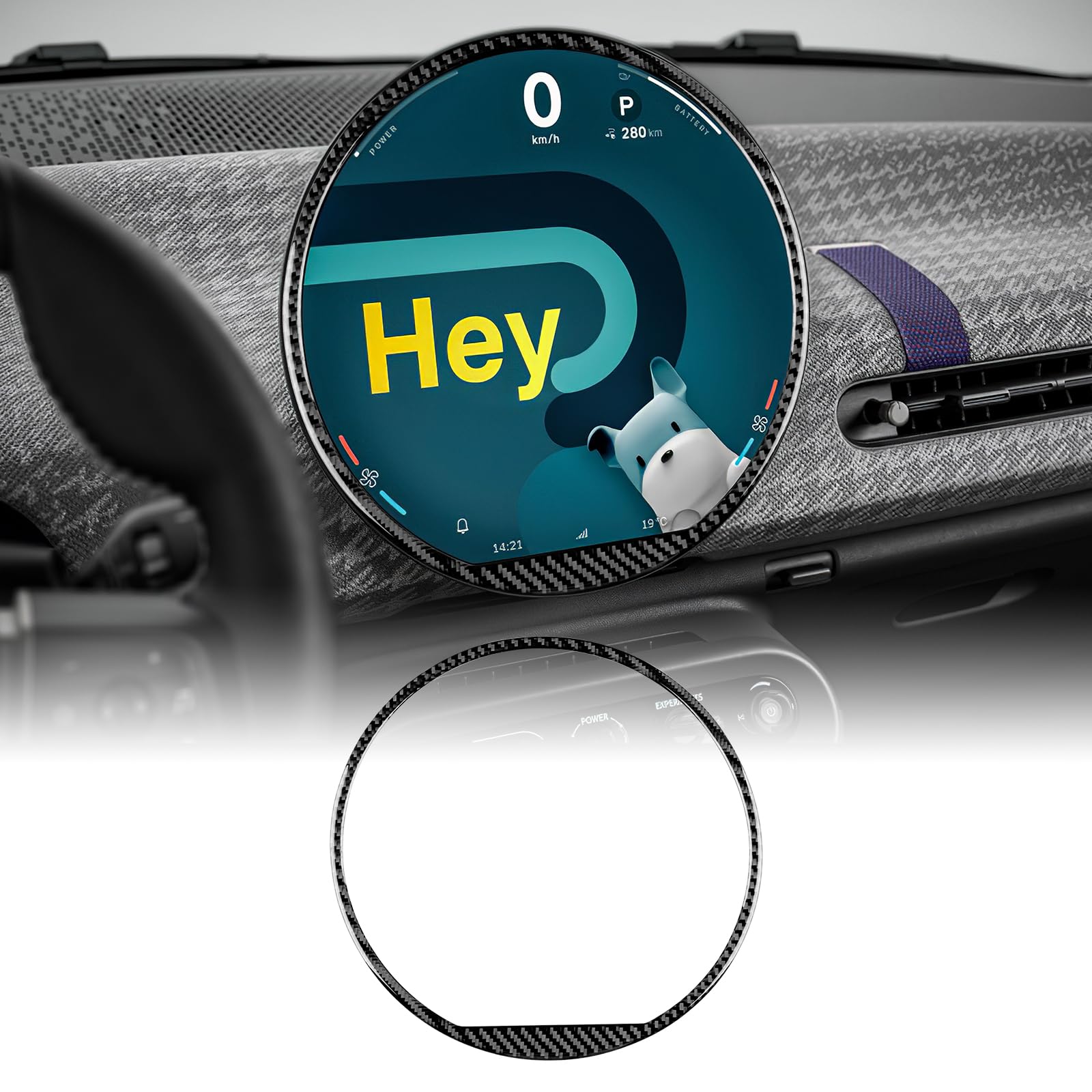 KUNGKIC Für MINI Cooper J01 EV E/SE COUNTRYMAN U25 F65 F66 F67 J05 ACEMAN 2024 2025 Kohlefaser Auto-Zentraler Kontrollbildschirm Zierring Aufkleber Innenbereich Zubehör, Geschenk (Schwarz) von KUNGKIC