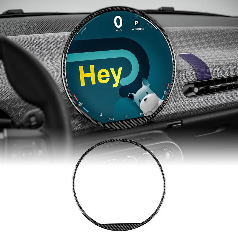 KUNGKIC Für MINI Cooper J01 EV E/SE COUNTRYMAN U25 F65 F66 F67 J05 ACEMAN 2024 2025 Kohlefaser Auto-Zentraler Kontrollbildschirm Zierring Aufkleber Innenbereich Zubehör, Geschenk (Schwarz) von KUNGKIC
