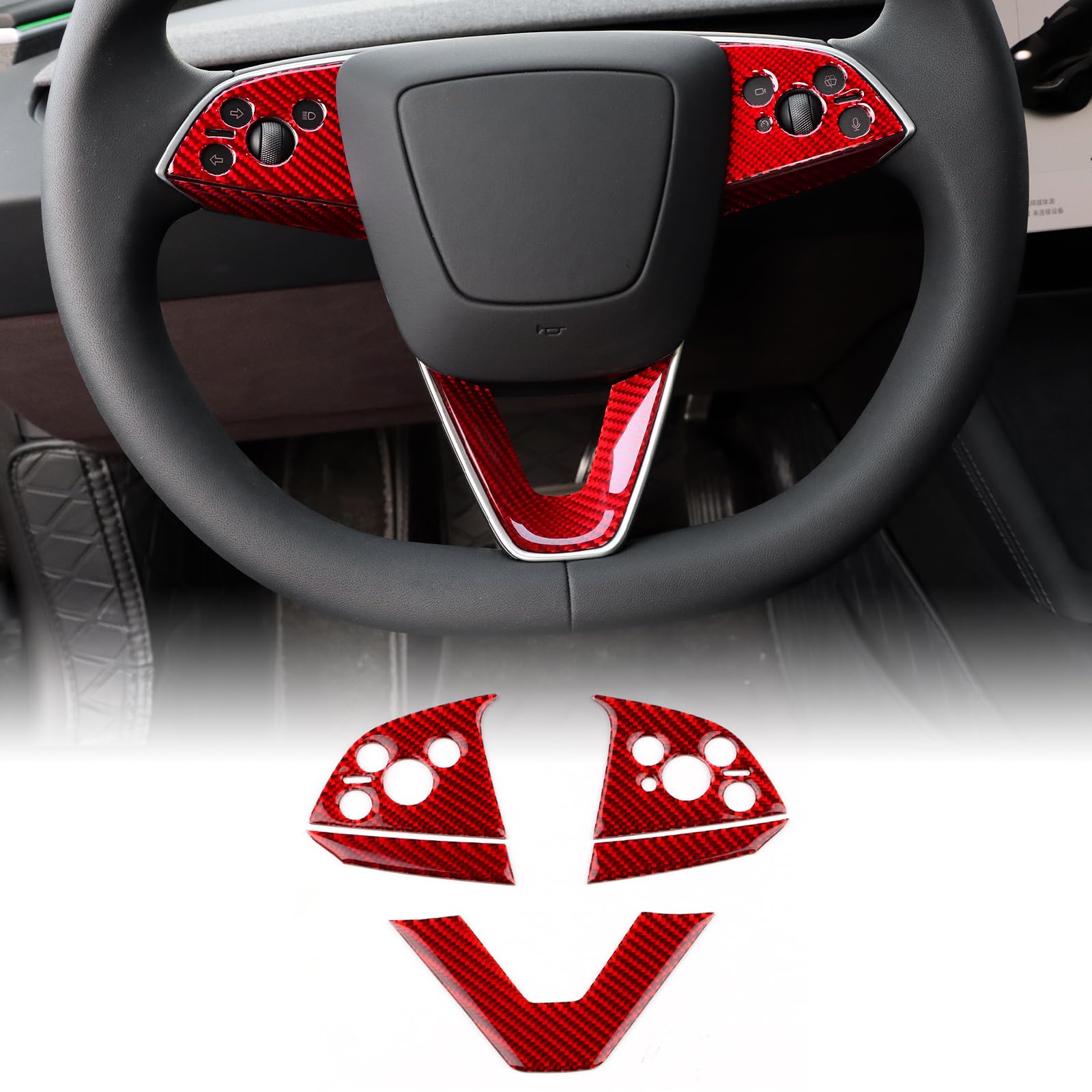 KUNGKIC Für Tesla Model 3 Highland 2024 Auto Lenkradkinn+Tastenrahmen Kohlefaser Aufkleber Dekorative Innenbereich Zubehör Geschenk, Stil A,Rot von KUNGKIC