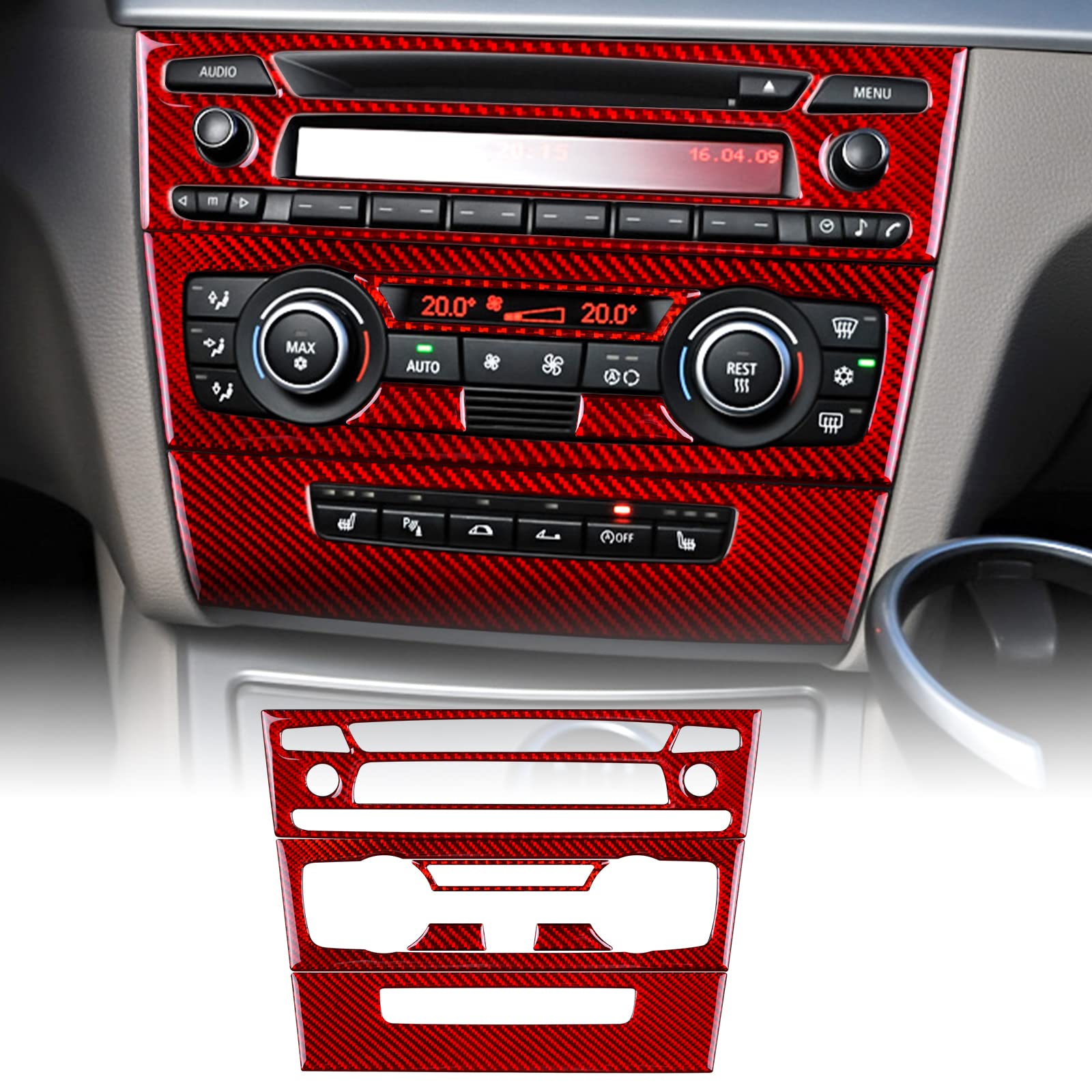 KUNGKIC Kohlefaser Auto AC CD Zentrale Bedienfeldabdeckung Aufkleber Innenbereich Dekorative Compatible with BMW 1er Reihe E81 E82 E87 E88 2008-2013 Zubehör (Typ A-Rot) von KUNGKIC