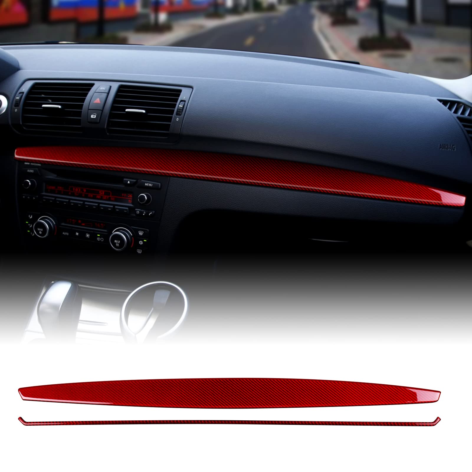 KUNGKIC Kohlefaser Auto Co-Pilot Instrumententafel Trim Strip Aufkleber Innenraum Compatible with BMW 1 Serie E81 E82 E87 E88 2008-2013 Zubehör (Rot) von KUNGKIC