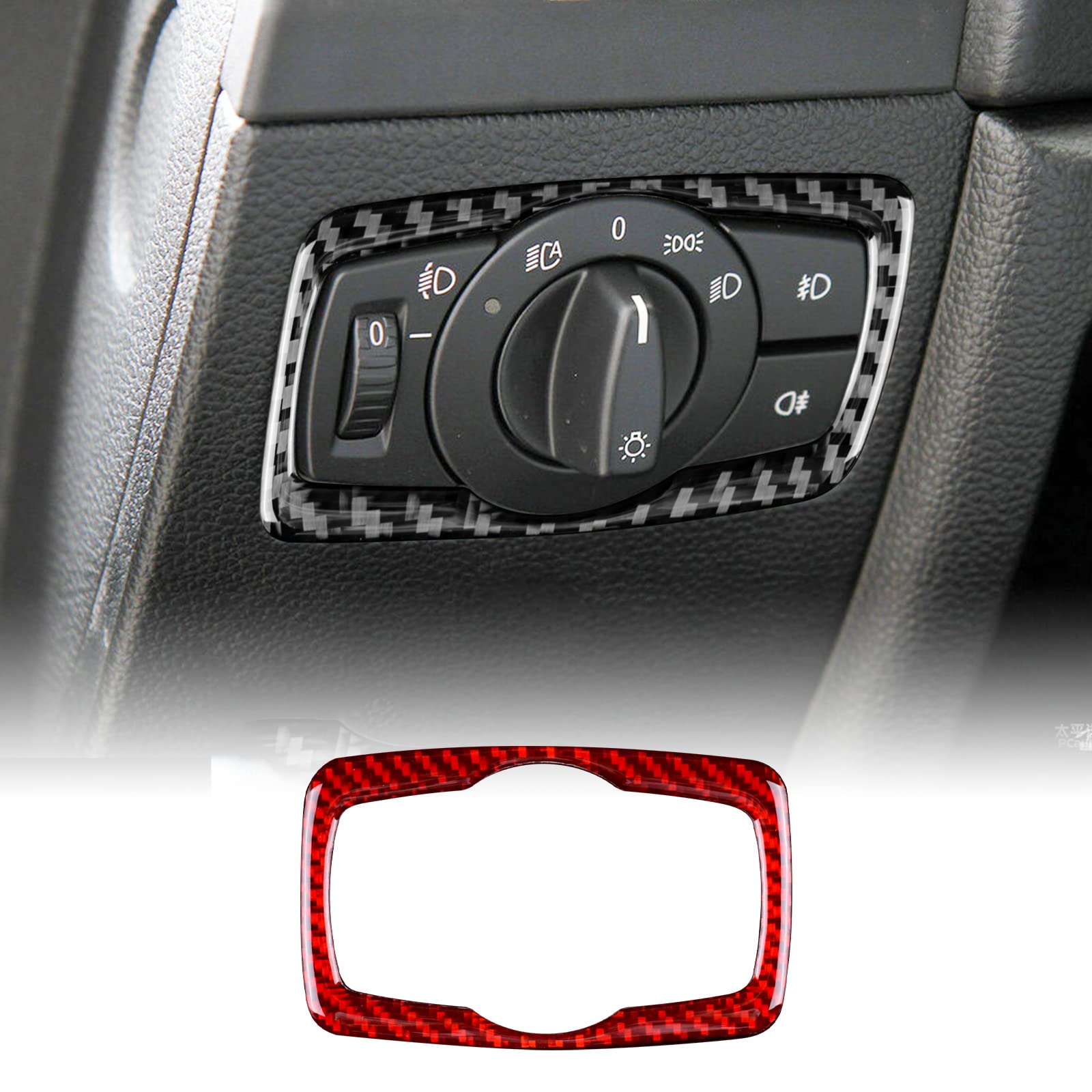 KUNGKIC Kohlefaser Auto-Scheinwerferschalter-Rahmenverkleidung Dekorative Aufkleber Innenbereich Compatible with BMW 1 Serie E81 E82 E87 E88 2008-2013 Zubehör (Rot) von KUNGKIC