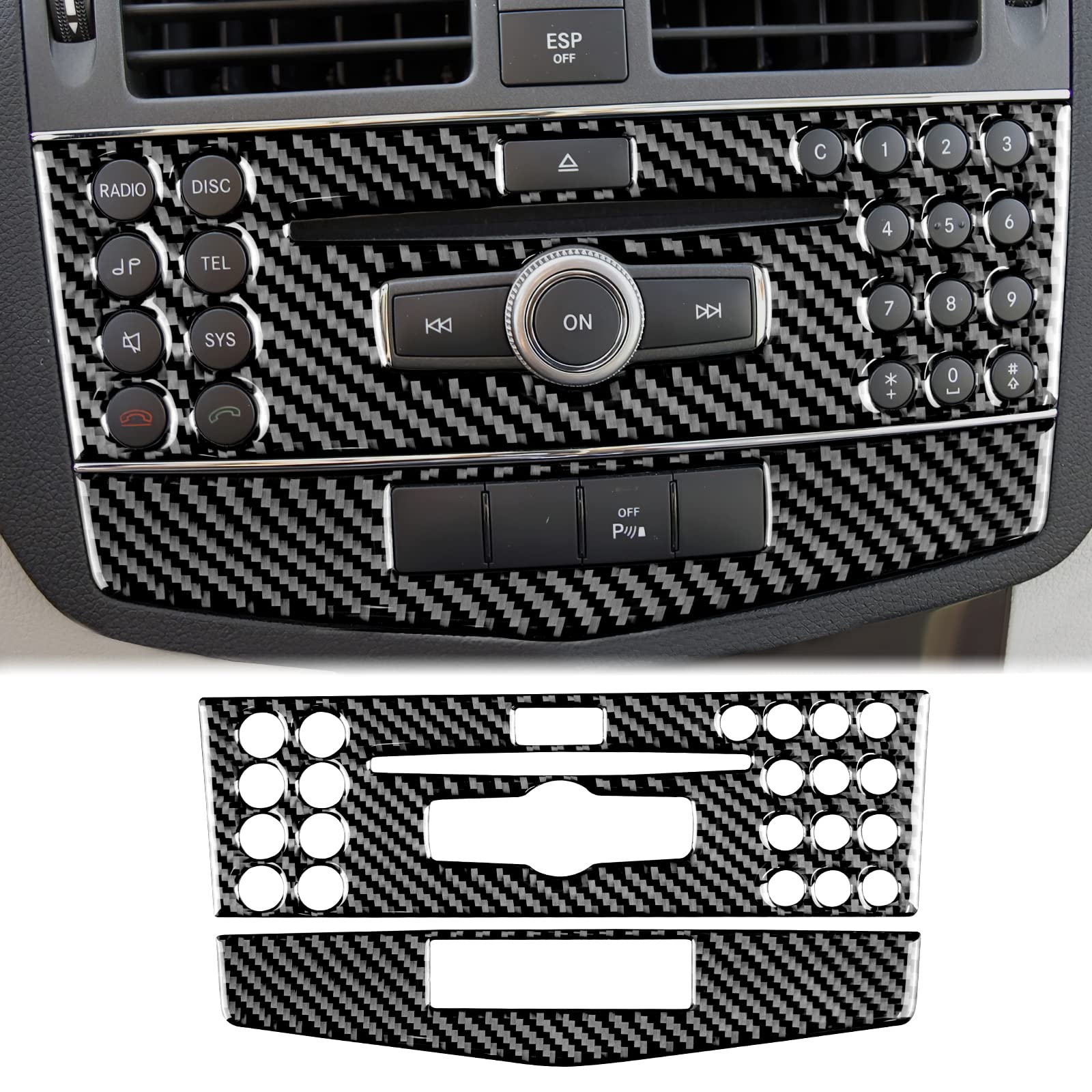 KUNGKIC Kohlefaser Auto Zentrale Steuerung AC CD Panel Innenbereich Dekorativ Aufkleber Compatible with Mercedes-Benz C-Klasse W204 C300 C200 C180 Zubehör (Stil C) von KUNGKIC