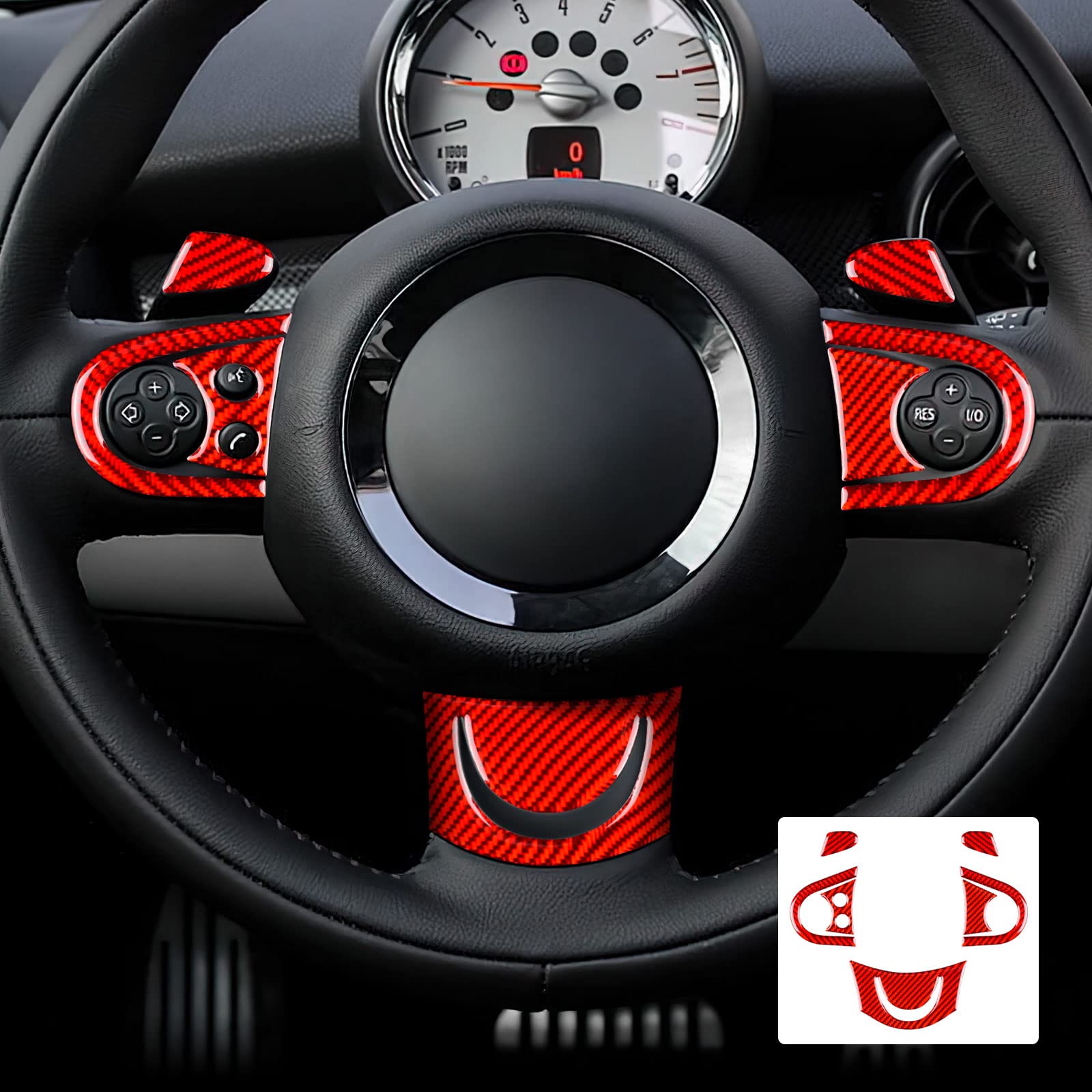 KUNGKIC Kohlefaser Carbon Fiber Auto Lenkrad Dekorative Aufkleber für Mini Cooper Hardtop R56 Clubman R55 R57 Zubehör Steering Wheel Innenraum Lenkradtasten-Abdeckung Trim 2008 2009 2010 Rot von KUNGKIC