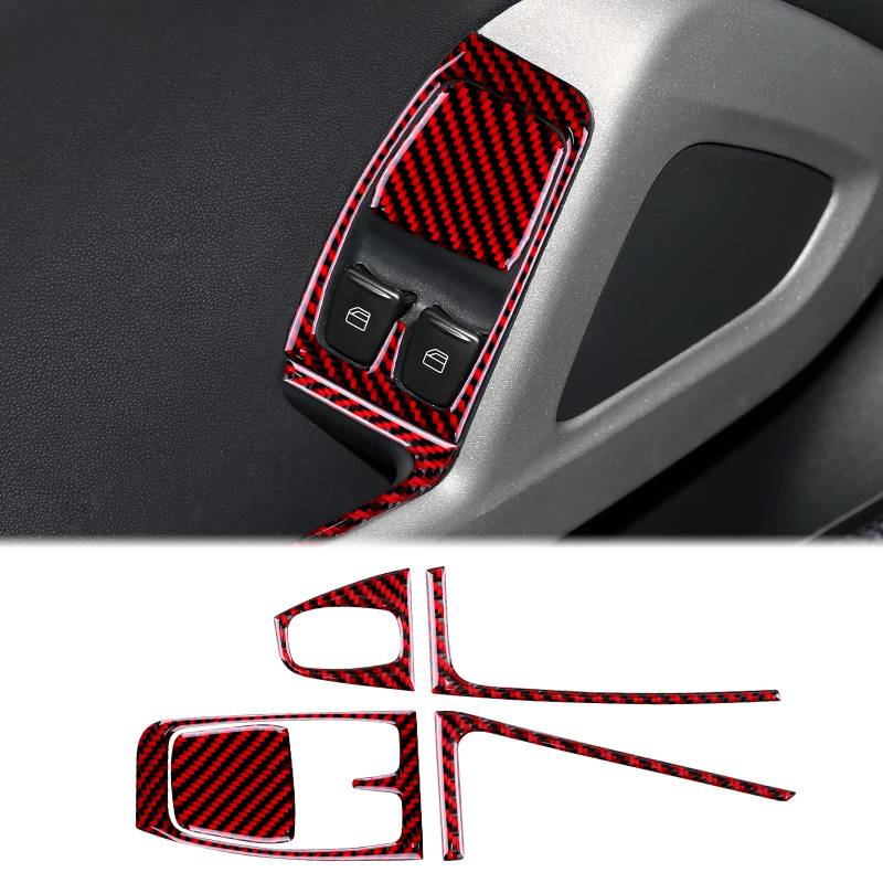 KUNGKIC Kohlefaser Innentür Auto Bedienfeld Fensterglas Hebe Schalter Konsole Abdeckung Aufkleber Dekoration Compatible with Mercedes Benz Smart 451 Fortwo 2008-2015 Zubehör ohne Knauf(Schwarz Rot) von KUNGKIC